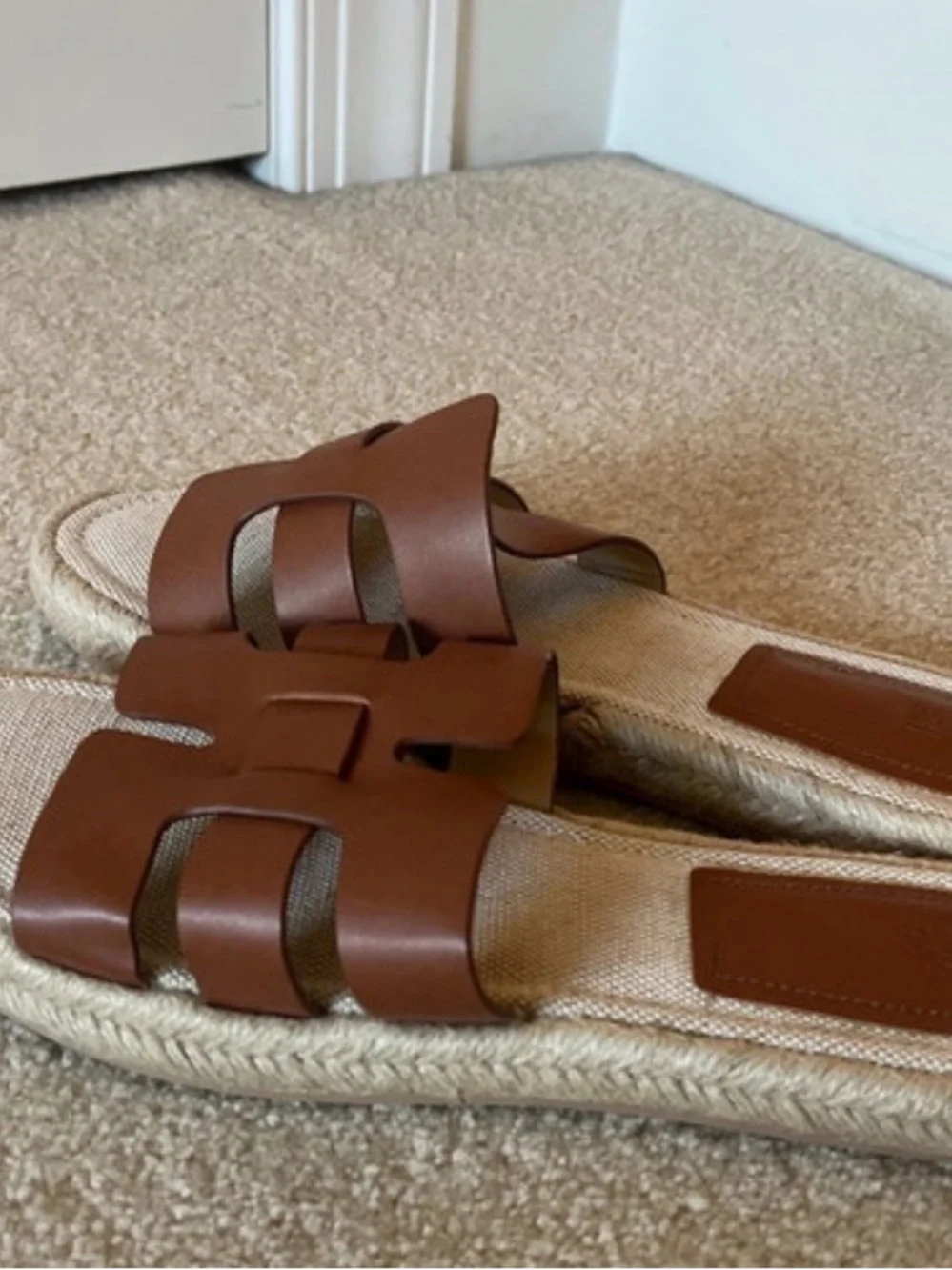 H&M Tan Brown Faux Leather Strap Espadrille Slide Sandals
